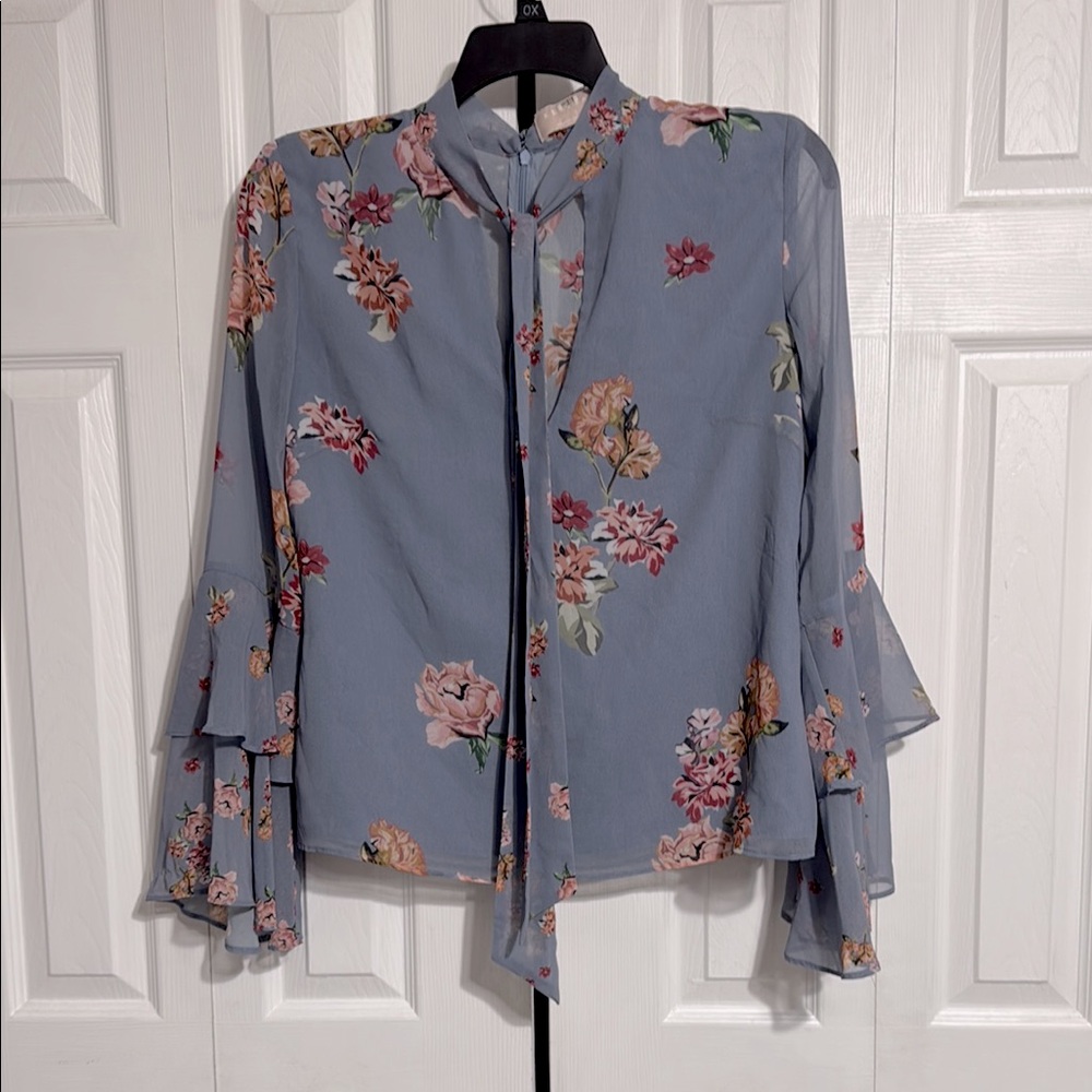 Keepsake womans dusty gray blue floral lined blouse Size LARGE